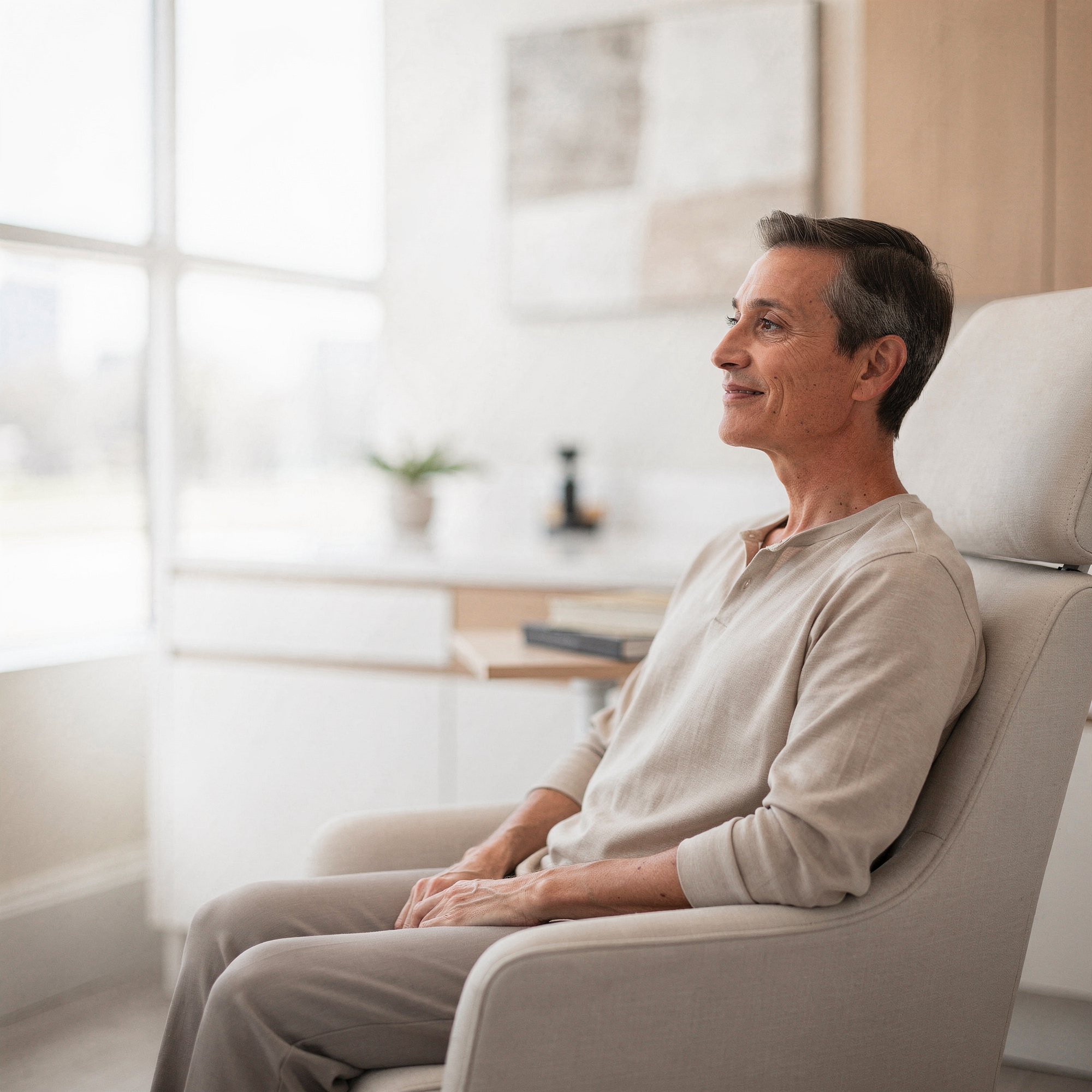 Man seated in a comfortable chair in a bright medical office with large windows
